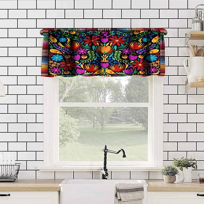 Mexico Fiesta Valance Curtains Farmhouse Rustic Cinco De Mayo Dia De Los Muertos Pattern Window Treatment Valances Short Curtains Rod Pocket Drape for Dining Room Home Kitchen Decor, 54x18inch