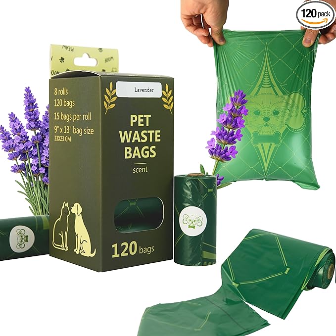 Extra Thick Dog Poop Bags Rolls, Leak-Resistant Pet Waste Bags, 120 Count (8 Rolls), 9x13 in Large, Lavender Scented, Fits Most Dispensers, Green