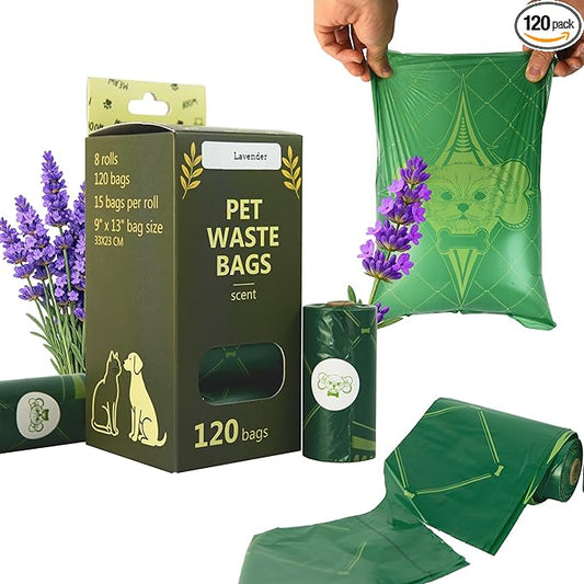 Extra Thick Dog Poop Bags Rolls, Leak-Resistant Pet Waste Bags, 120 Count (8 Rolls), 9x13 in Large, Lavender Scented, Fits Most Dispensers, Green
