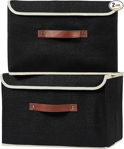 2PCS Storage Boxes with Lid Cotton Linen Fabric Storage Bins Organizer Container Decorative Collapsible Washable Shelf Closet Baskets Faux Leather Handles Home Bedroom (Black, Large Size)