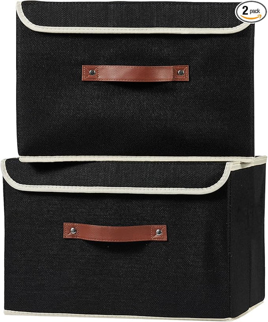 2PCS Storage Boxes with Lid Cotton Linen Fabric Storage Bins Organizer Container Decorative Collapsible Washable Shelf Closet Baskets Faux Leather Handles Home Bedroom (Black, Large Size)