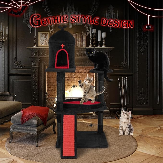 VINGLI 53.5in Gothic Cat Tree with Coffin Bed, Large Cat Tower for Indoor Cats with Spacious Condo, Spider Web Perch, Sisal Scratching Posts & Board, Hanging Spider Toys, Red & Black Cat Furniture