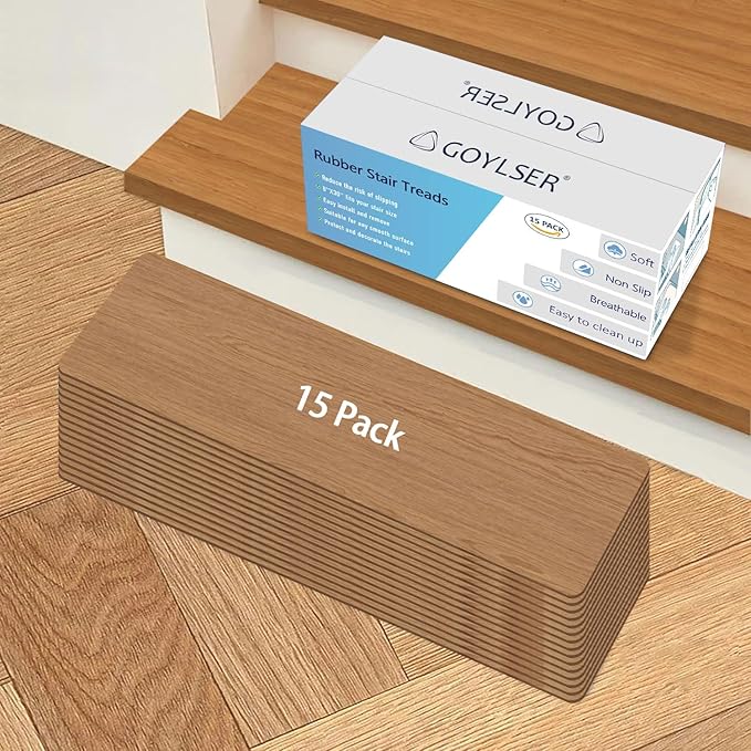 GOYLSER Rubber Stair Treads Non Slip Set of 15, 30"x8" Stair Pads for Wooden Stairs, Waterproof Basement Rugs for Steps Indoor Stairs for Pet, Kids and Elderly, Brown Wooden