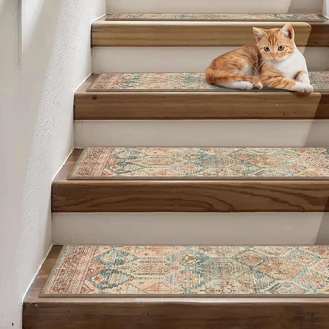 Carpet Stair Treads Non Slip 15PCS, 8" X 30" Edging Stair Runner for Wooden Steps Indoor, Resistant Stair Rugs with Reusable TPE Adhesive Backing, Residue Mat for Elders, Pets, Cedarwood/Sage