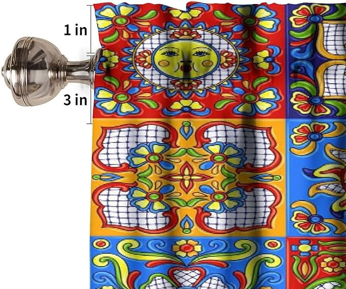 Mexico Fiesta Valance Curtains Mexican Fiesta Cinco De Mayo Ceramic Tiles Rustic Pattern Window Treatment Valances Short Curtains Rod Pocket Drape for Dining Room Home Kitchen Decor, 54x18inch