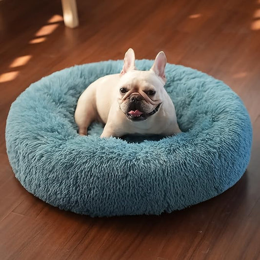 Calming Donut Dogs Beds for Small Dogs Washable,23inch Plush Round Pet Bed for Cozy Sleep,Fluffy Faux Fur Large Cat Bed,Fits up to 25 lbs Pets,Washed Blue