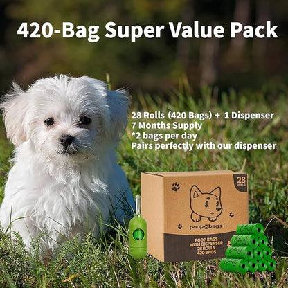 Dog Poop Bags Rolls With Dispenser, Strong and Leak-proof Waste Bags for Pets, Floral Scented, 420 Count (28 Packs of 15), 13 Inch x 9 Inch (Green)