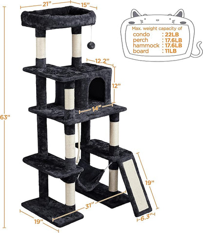 Topeakmart 63in Cat Tree, Large Cat Tower Furniture w/Cat Condo, Padded Platform & Sisal-Covered Scratching Post, Stable Cat Tower Pet Play House, Black
