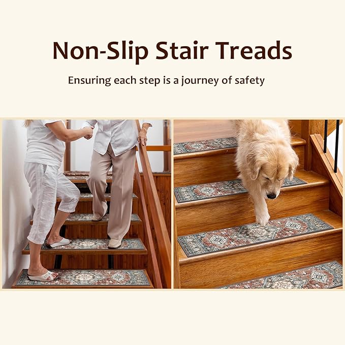 OJIA Stair Treads Non Slip for Wooden Steps Indoor 15PCS Carpet Stair Treads, Rubber Backing Stair Carpet Treads, 8"x30" Staircase Step Treads Edging Stair Rugs for Kids & Pets, Rust Red