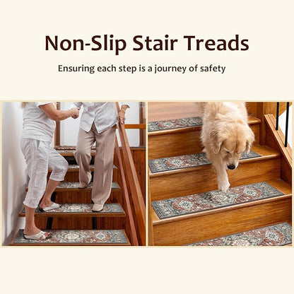 OJIA Stair Treads Non Slip for Wooden Steps Indoor 15PCS Carpet Stair Treads, Rubber Backing Stair Carpet Treads, 8"x30" Staircase Step Treads Edging Stair Rugs for Kids & Pets, Rust Red
