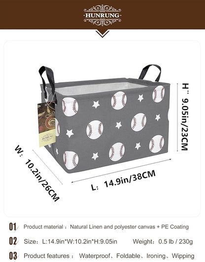 HUNRUNG Rectangle Storage Basket Cute Canvas Organizer Bin for Pet/Children Toys, Books, Clothes Perfect for Rooms/Playroom(REC-Grey Baseball)