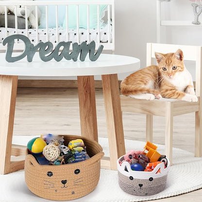 Zopeal Cat Basket Storage Woven Organizer with Ears Easter Decorative Pet Toy Cute Cotton Rope Basket for Gift Cat Dog Toy Bin Nursery Room(13.7 x 7.8 Inch,Khaki)