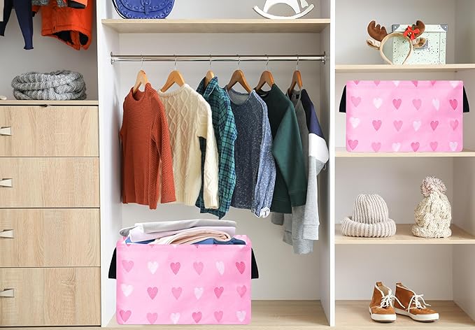 Valentine's Day Gift Basket Pink Heart Print Box Hamper Storage Basket Collapsible Organizer Bin Gift Shelf Baskets for Home and Kitchen Storage