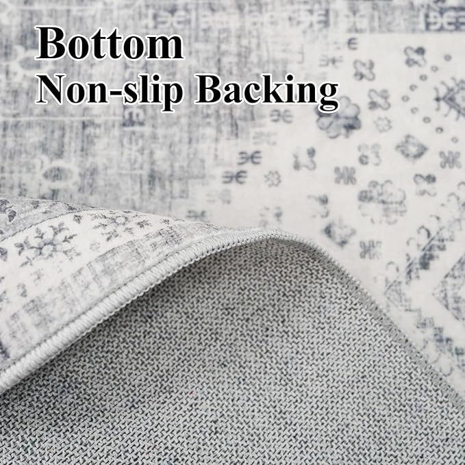4x8 Halway Washable Runner Rug - Ultra-Soft Wide Kitchen Carpet with Non Slip Backing Stain Resistant Bedroom Laundry Rugs Durable Vintage Distressed Floor Decoration Mat for Bathroom 4'x8' Grey
