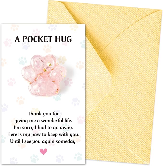 Loss of Pet Sympathy Gift - Pink Crystal Mini Paw Pocket Hug with Memorial Card Envelope Remembrance Bereavement Gift for Loss of Dog Cat Sympathy Favor Adult Pet Lover Stress Relief Supply