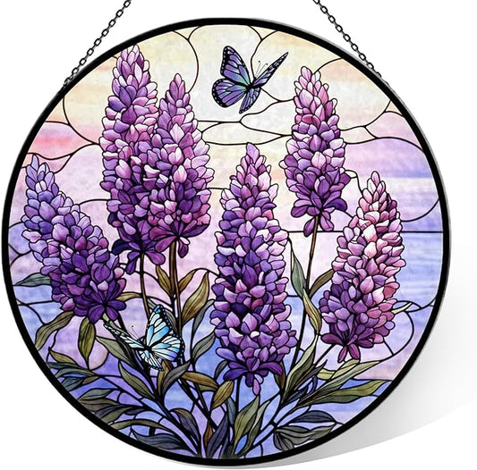 Lavender Stained Glass Window Hanging, 7.9" Lavender Butterfly Sun Catcher Glass Panel with Chain, Lavenders Gifts Hand Painted Round Wall Art Gifts for Women, Lavenders Decor Housewarming Gift