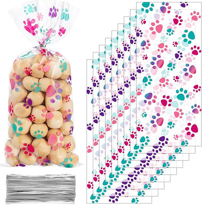 Blulu 100 Pieces Dog Treat Bags Puppy Party Favor Pet Paw Cone Cellophane Bags Candy Heat SealableDog Paw Gift with 100 Pieces Silver Twist Ties for Pet Cat Treat Party Favor(Pink and Purple)