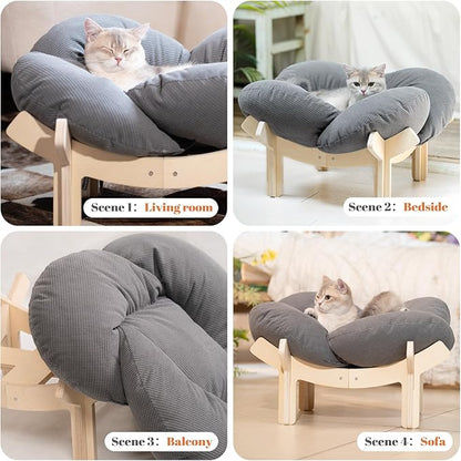 CHEERHOME PETS Elevated Cat Bed Wooden with Cushion Fluffy Pet Couch Sofa for Indoor Cats Raised Kitty Lounge Chair Suitable for Puppy, Cat Furniture(Gray)