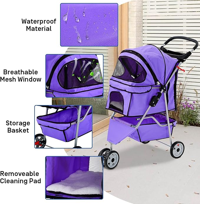 Best 3 Wheels Pet Stroller for Dog Stroller Cat Stroller, Lightweight & Foldable Pet Jogger Stroller, Carrier Strolling Cart W/Cup Holders Removable Liner for Small and Medium Dog Cat or Pet - Purple