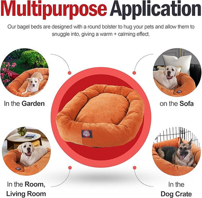 Majestic Pet 52 Inch Micro Velvet Calming Dog Bed Washable – Cozy Soft Round Dog Bed with Spine for Head Support - Fluffy Donut Puppy Mat 52x35x11 (inch) X- Large – Orange (2025)