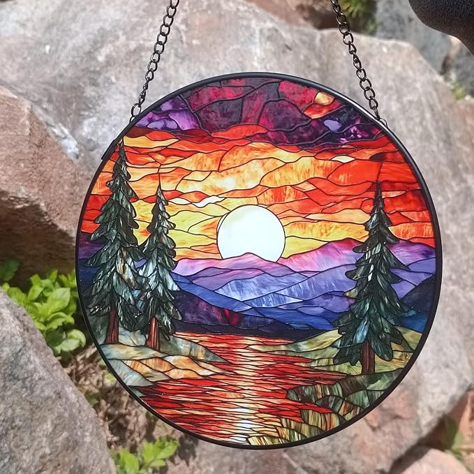 Sunset Suncatcher for Window, 7.8 Inch Stained Glass Suncatchers for Outdoors Garden Patio Decor, Rainbow Maker Prism Gifts for Women Men, Housewarming Birthday Christmas Home Decorations