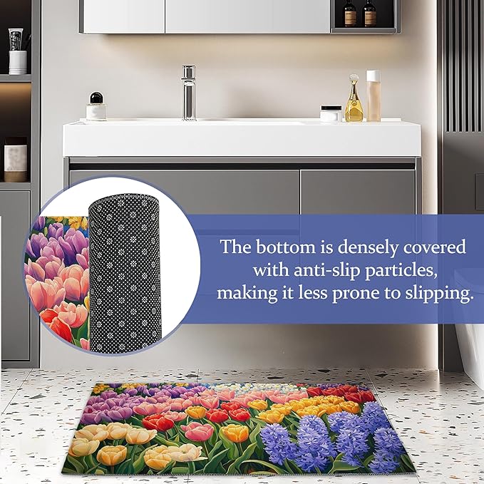Colorful Flower Field Welcome Mat,Vintage Tulip Floral Indoor Rugs for Entryway,Anti-Slip Low Profile Doormats Porch Mats for Front Door Stairway Rug Living Room Floor Mat 30 x 17 Inch