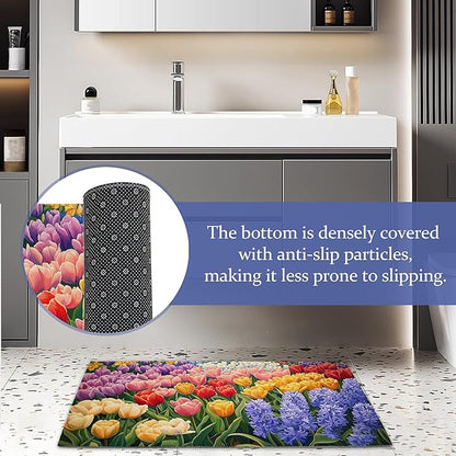 Colorful Flower Field Welcome Mat,Vintage Tulip Floral Indoor Rugs for Entryway,Anti-Slip Low Profile Doormats Porch Mats for Front Door Stairway Rug Living Room Floor Mat 30 x 17 Inch