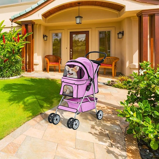 Pet Stroller for Small Medium Dogs & Cats, 4-Wheel Breathable Compact Foldable Dog Carrier with Storage Basket, Outdoor Portable Lightweight Travel Stroller for Camping,Pink