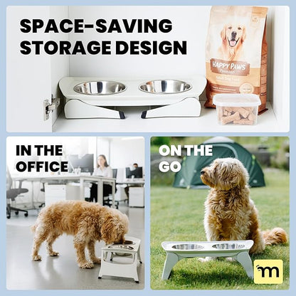 MalsiPree Elevated Dog Bowls for Small Dogs and Cats - 6.5" Raised Feeding Station with Spill-Proof Tray - Foldable Dog Bowl Stand with 2 Stainless Steel Bowls - Modern Scandinavian Pet Feeder, White