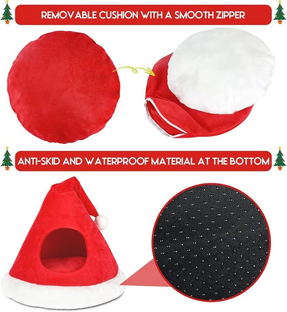 NIBESSER Cat Bed Christmas Hat Cat Tent House Self-Warming 2 in 1 Removable Comfortable Triangle Pet Teepee Xmas Dog Cave in Winter (Red)