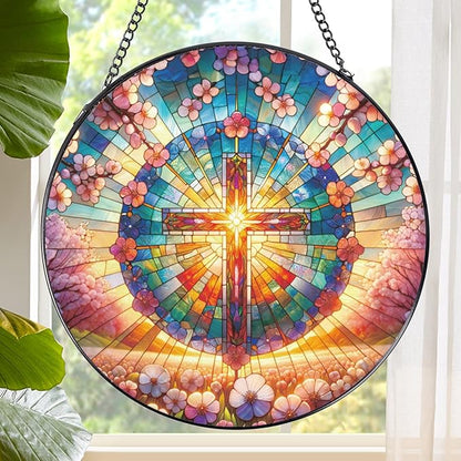 Cross Stained Glass Window Hanging, 7.8″ Sun Catchers with Hook Indoor Window Decor, Decorative Suncatchers Home Garden Art Gift for Thanksgiving Christmas Housewarming
