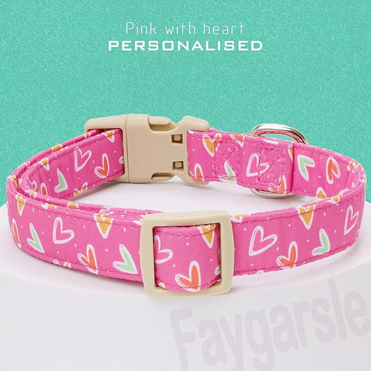 Faygarsle Valentine's Day Dog Collar, Pink Heart Pattern with Metal D-Ring and Heart Charm, Adjustable Pet Collar for Small Medium Large Dogs XS
