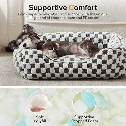 JOEJOY Dog Beds for Small Dogs -Cute Cat Beds for Indoor Cats Calming Pet Beds, Rectangle Orthopedic Cuddle Puppy Bed with Jacquard Shaggy Plush & Anti Slip Bottom, 20x19x6inches, Grey
