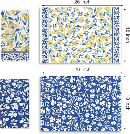 Italian Capri Blue Lemon Kitchen Dish Towels Set of 2, Amalfi Coast Italy Tile Pattern Citrus Drying Hand Towel Baking Cooking Cloth, Summer Mediterranean Bathroom Home Decoration 18'' x 26''