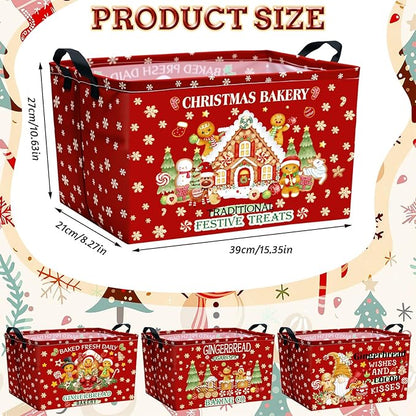 4 Pack Christmas Storage Bin Collapsible Large Christmas Gingerbread Man Storage Baskets for Gifts Canvas Laundry Basket Foldable Box with Handle for Office Home Bedroom Clothes Toys Decor
