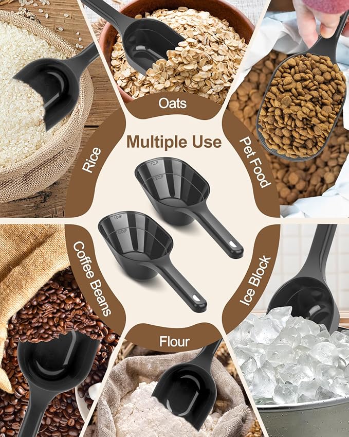 2PACK Dog-Cat Food-Scoop Measuring-Cup,1 Cup Capacity Versatile Plastic Pet Food Scoop with Measuring Lines 1 Cup and 1/2 Cup for Precise Portion Control (2 Black)
