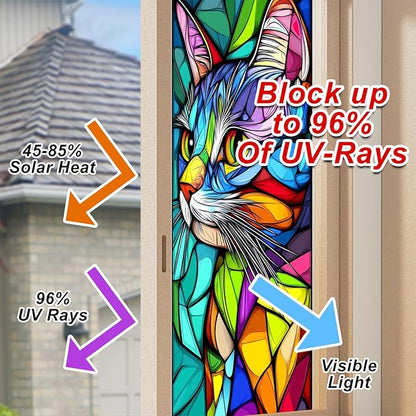 Stained Glass Window Film 17.7 x 39.3 Inch Colorful Cat Window Privacy Film Stained Decals Static Cling Sun Blocking Decor for Home Office Windows Doors Glass Partitions 17.7x39.3 inch