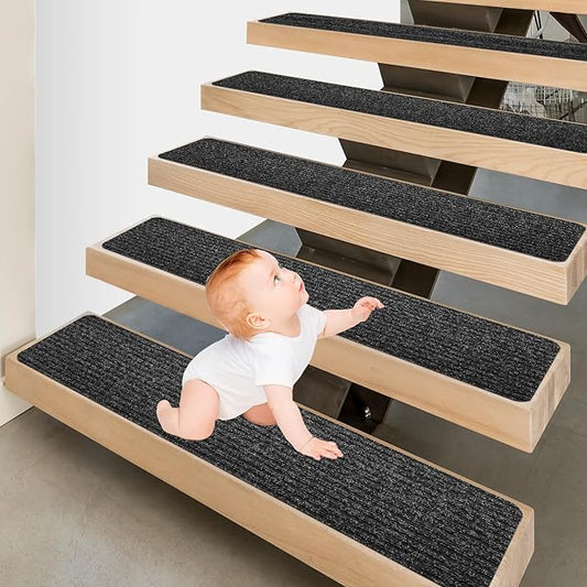 Stair Treads for Wooden Steps - Non Slip Stairs Carpet Tape Peel and Stick with Double Adhesive Tape Set of 15 Stripe- Black