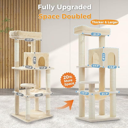 MUTTROS Large Cat Tree with Reinforced Scratching Posts (φ3.7in) for Big Adult Cats 30 lbs, 57.8" Heavy Duty Cat Tower with Larger Hammock and Condo, Cat Furniture for Maine Coon, Plush,Beige