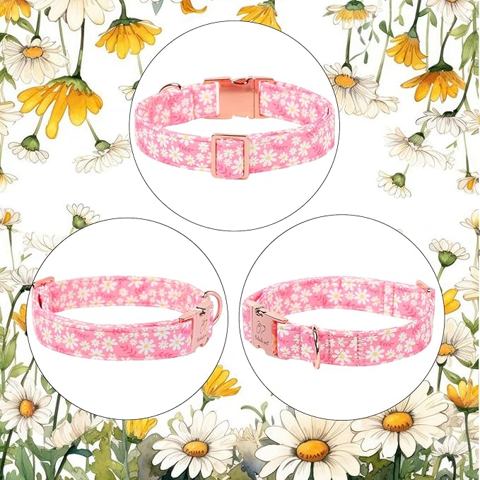 Dainty Daisy Dog Collar, Spring/Summer Pink Floral Girl Dog Collars, Adjustable Heavy Duty Cottagecore Female Dogs Collar for Small Medium Large Dogs with Metal Buckle XL