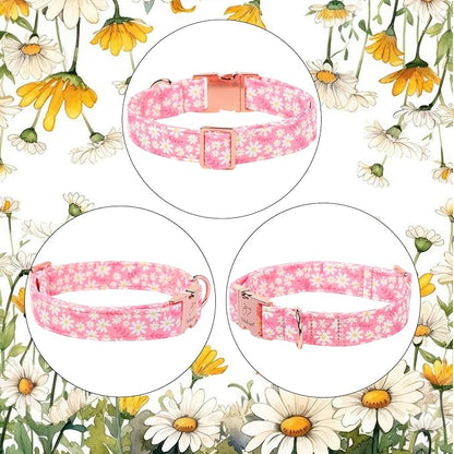 Dainty Daisy Dog Collar, Spring/Summer Pink Floral Girl Dog Collars, Adjustable Heavy Duty Cottagecore Female Dogs Collar for Small Medium Large Dogs with Metal Buckle XL