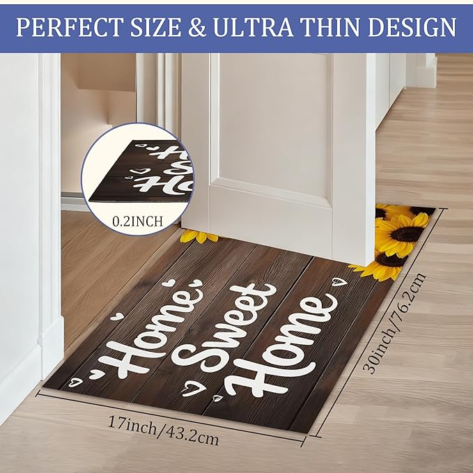 Indoor Rugs for Entryway,Rustic Sunflower Welcome Mat for Home,Farmhouse Woodboard Low Profile Entrance Rugs Non-Slip Doormats for Back Door Patio, Porch,Home Stairway,30 x 17 Inch