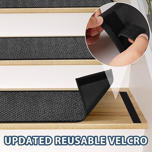 Peel and Stick Stair Carpet Treads for Wooden Steps,15 Pack Indoor Black Stair Mats, Basement Safety Stick On Stair Rug Step Pads for Pet Dog, Elders and Kids