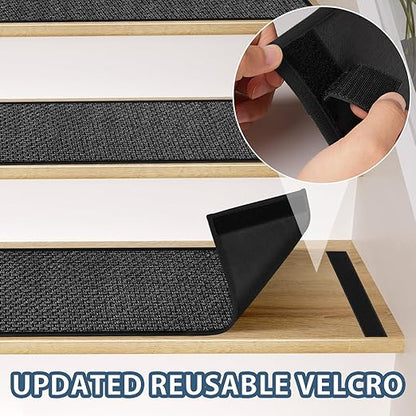 Peel and Stick Stair Carpet Treads for Wooden Steps,15 Pack Indoor Black Stair Mats, Basement Safety Stick On Stair Rug Step Pads for Pet Dog, Elders and Kids
