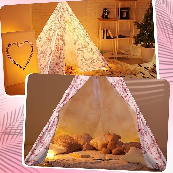 Floral Bow Teepee Tent Indoor Play Tent Coquette Playhouse Foldable Teepee for Indoor Reading Nook Room Decor