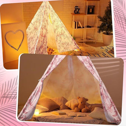 Floral Bow Teepee Tent Indoor Play Tent Coquette Playhouse Foldable Teepee for Indoor Reading Nook Room Decor