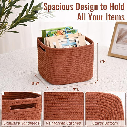 3 Pack Cube Storage Bin, 9”x9”x7” Cotton Rope Woven Baskets for Organizing Toys Clothes Towels, Square Gift Storage Baskets for Shelves, Nursery, Closet, Bathroom, Pantry (Red)