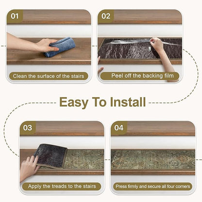 Non Slip Stair Treads for Wooden Steps 15PCS - 8"x30" Indoor Safety Carpet, Edging Mats with TPE Adhesive Backing, Pet and Elderly Friendly Stair Rugs (Dark Green&Brown)