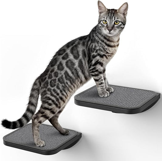 Grey Sisal-Padded Cat Wall Steps (2-Pack), Floating Wooden Cat Perch and Climbing Step Set, Wall Mounted Furniture for Jumping & Play