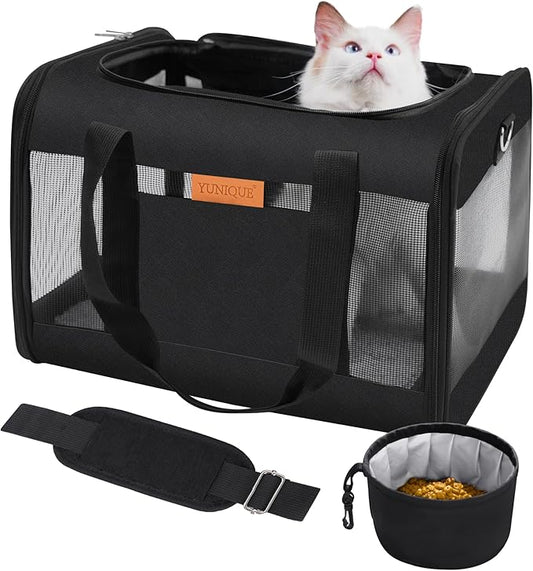 YUNIQUE Soft-Sided Cat & Dog Carrier for Pets Up to 15 Lbs, Airline Approved Collapsible Travel Puppy Carrier with Lightweight Fabric Design (Black)